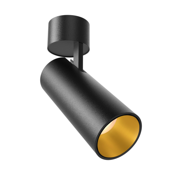 a surface mounted spotlight in black with a warm yellow light.