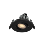 An adjustable ceiling light angled to the left with a black casing.