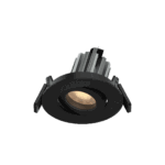 a black ceiling light with an adjustable lens angled to the left.