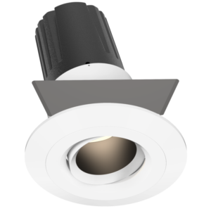 An adjustable ceiling light with a white bezel and LED bulb.