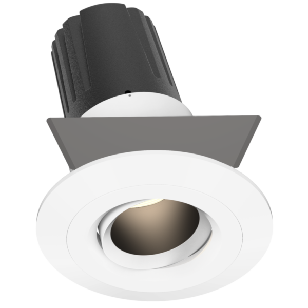 An adjustable ceiling light with a white bezel and LED bulb.