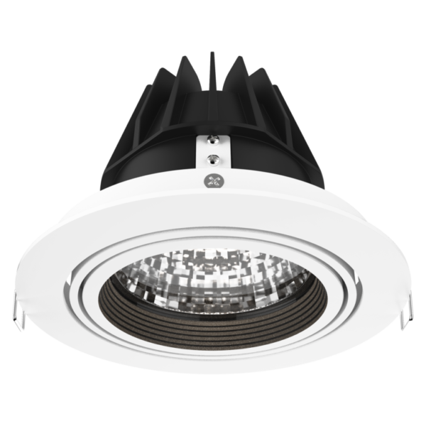 A recessed ceiling light with an LED bulb and white casing.