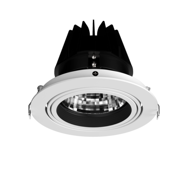 A ceiling downlight in white with LED bulb and circular bezel.
