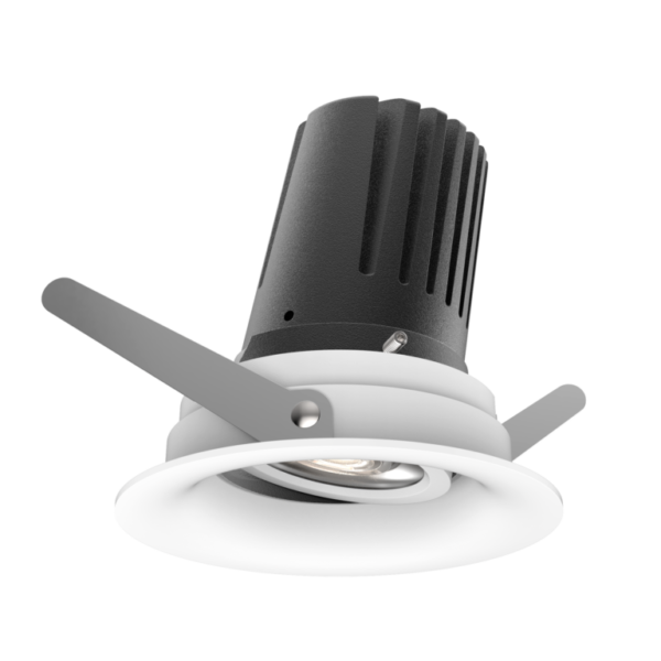 An adjustable downlight in white with adjustable arms.