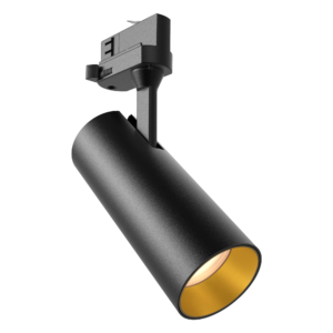 An LED track spot light with a black casing.